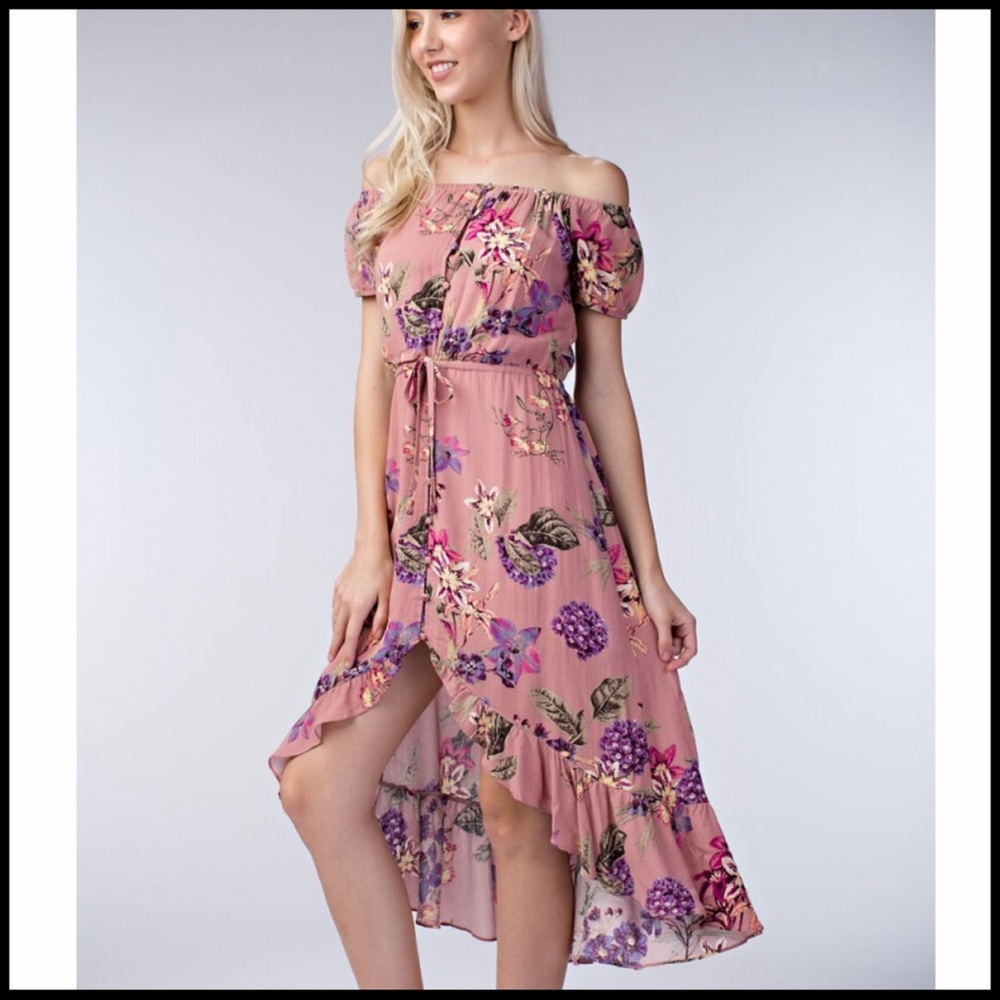 Off-Shoulder Floral Hi-Lo Dress - Picture 6 of 8